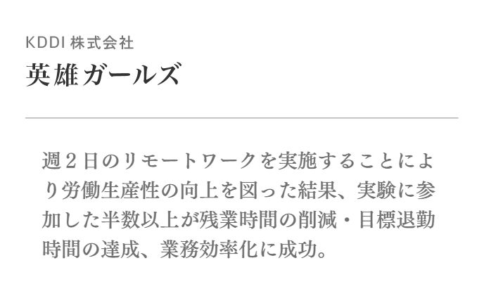週2日のリモートワークを実施することにより労働生産性の向上を図った結果、実験に参加した半数以上が残業時間の削減・目標退勤時間の達成、業務効率化に成功。