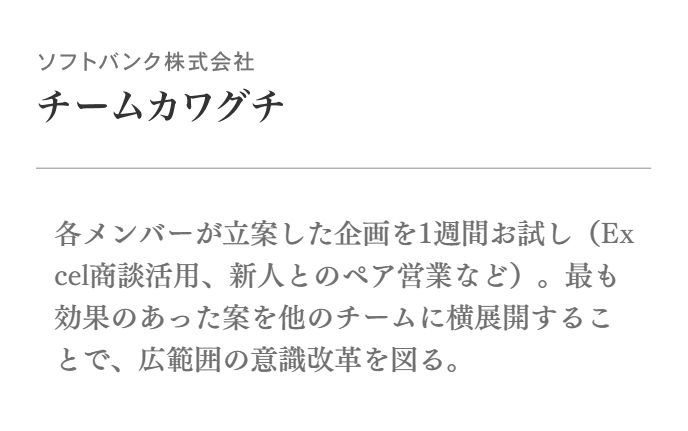各メンバーが立案した企画を1週間お試し(Excel商談活用、新人とのペア営業など)。最も効果のあった案を他のチームに横展開することで、広範囲の意識改革を図る。
