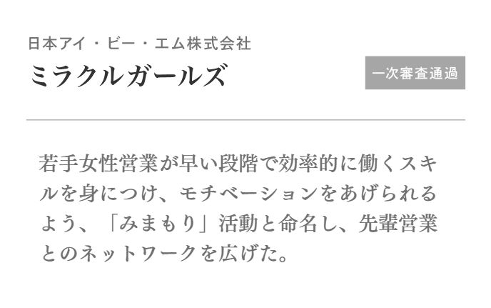 若手女性営業が早い段階で効率的に働くスキルを身につけ、モチベーションをあげられるよう、「みまもり」活動と命名し、先輩営業とのネットワークを広げた。