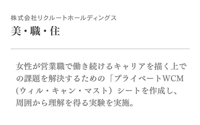 女性が営業職で働き続けるキャリアを描く上での課題を解決するための「プライベートWCM(ウィル・キャン・マスト)シートを作成し、周囲から理解を得る実験を実施。